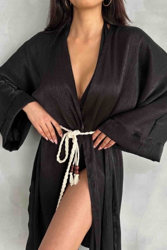 HRK-19102 Siyah Effect Saten Kumaş Halat Kuşaklı Uzun Kimono - 2
