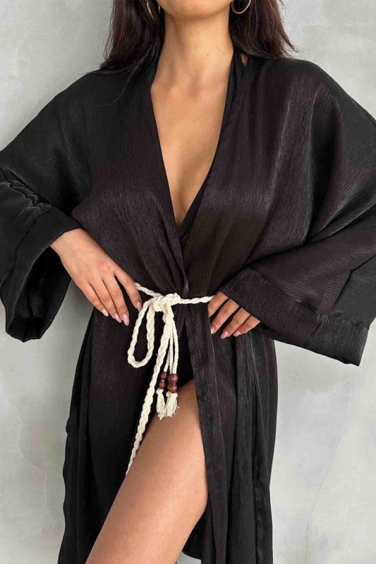 HRK-19102 Siyah Effect Saten Kumaş Halat Kuşaklı Uzun Kimono - 2