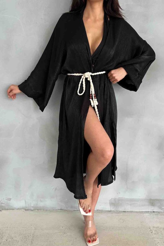HRK-19102 Siyah Effect Saten Kumaş Halat Kuşaklı Uzun Kimono - 3