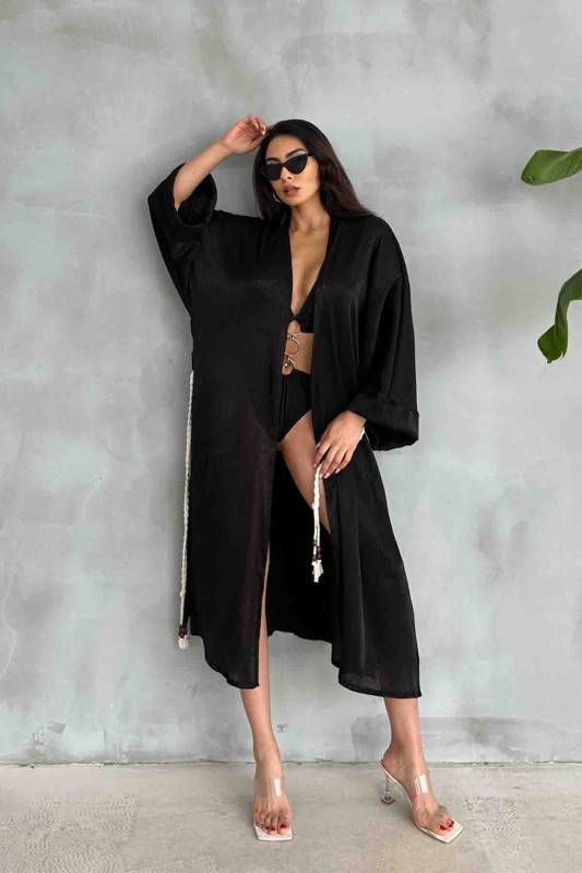 HRK-19102 Siyah Effect Saten Kumaş Halat Kuşaklı Uzun Kimono - 4