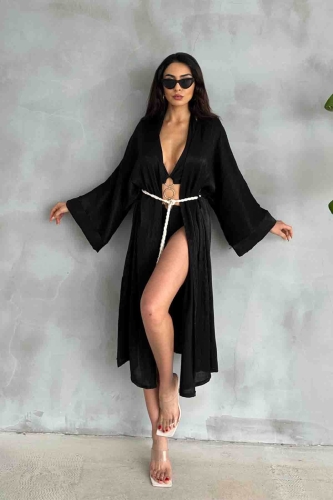 HRK-19102 Siyah Effect Saten Kumaş Halat Kuşaklı Uzun Kimono 