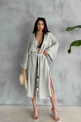 HRK-19102 Yeşil Effect Saten Kumaş Halat Kuşaklı Uzun Kimono 