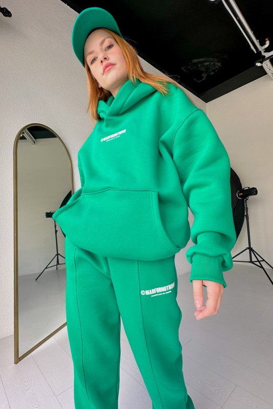 İND-20247 Yeşil Madfornothing Baskılı Kapüşonlu Sweatshirt - 1