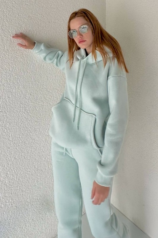 İND-20257 Mint Yeşili Kanguru Cepli Kapüşonlu Sweat - 1