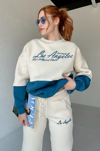 İND-20263 Mavi Los Angeles Nakışlı Üç İplik Şardonlu SWeat - 1