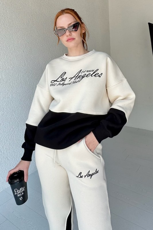 İND-20263 Siyah Los Angeles Nakışlı Üç İplik Şardonlu SWeat - 1