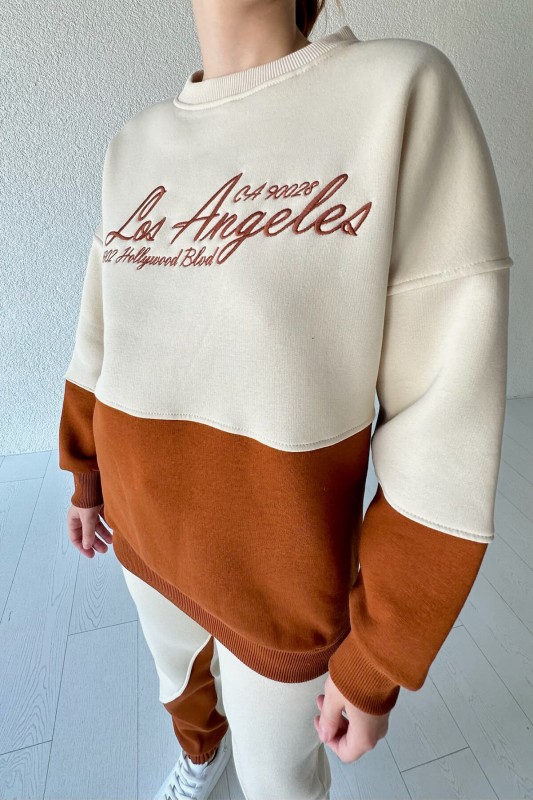 İND-20263 Taba Los Angeles Nakışlı Üç İplik Şardonlu SWeat - 2