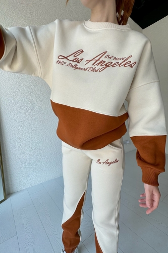 İND-20263 Taba Los Angeles Nakışlı Üç İplik Şardonlu SWeat - 1