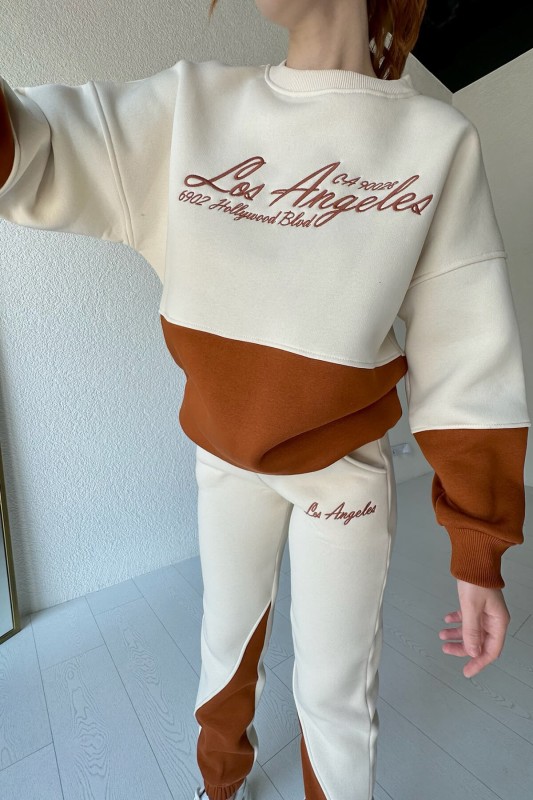 İND-20263 Taba Los Angeles Nakışlı Üç İplik Şardonlu SWeat - 1