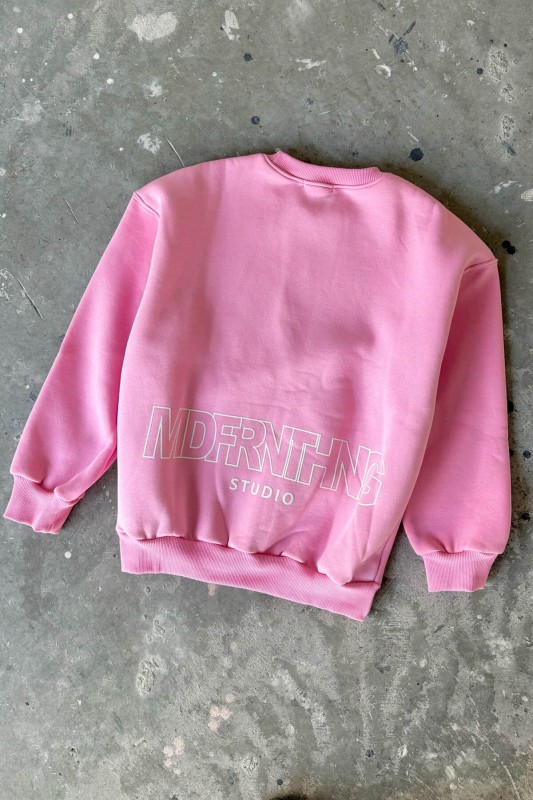 İND-20267 Pembe Madfornothing Ön-Arka Baskılı Bisiklet Yaka Üç İplik Şardonlu Sweat - 2