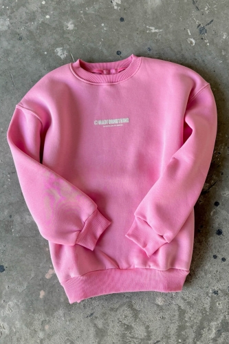 İND-20267 Pembe Madfornothing Ön-Arka Baskılı Bisiklet Yaka Üç İplik Şardonlu Sweat - 1