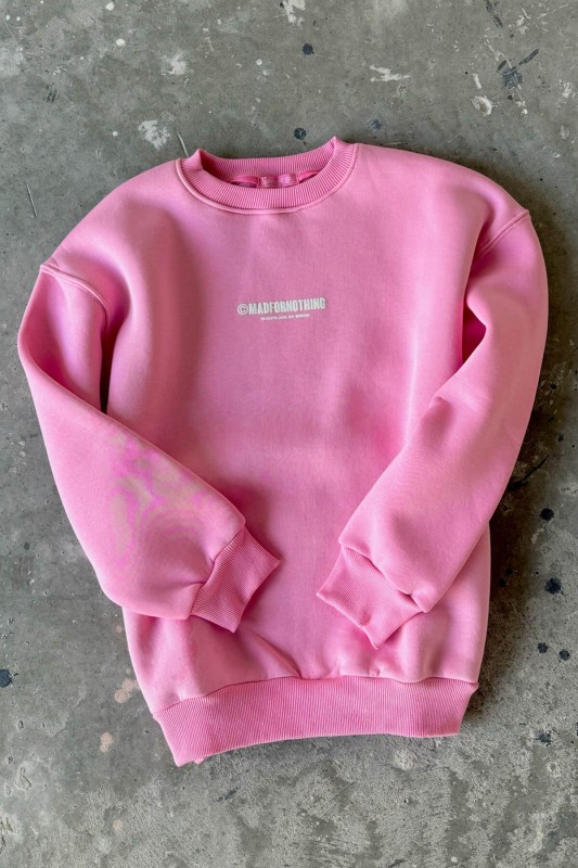 İND-20267 Pembe Madfornothing Ön-Arka Baskılı Bisiklet Yaka Üç İplik Şardonlu Sweat - 1