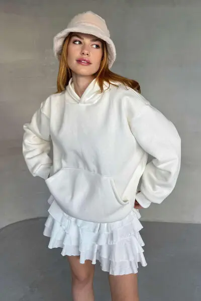 SWT-20311 Beyaz Kapüşonlu Üç İplik Şardonlu Kumaş Sweatshirt 