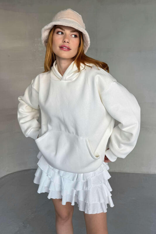 SWT-20311 Beyaz Kapüşonlu Üç İplik Şardonlu Kumaş Sweatshirt - 1