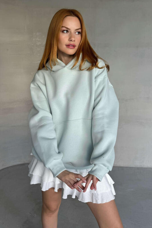 SWT-20311 Su Yeşili Kapüşonlu Üç İplik Şardonlu Kumaş Sweatshirt - 1