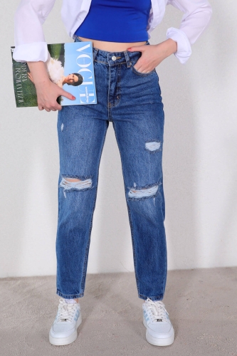 JEAN-08117 Mavi Taşlamalı Yırtık Detaylı Momfit Jean - 1
