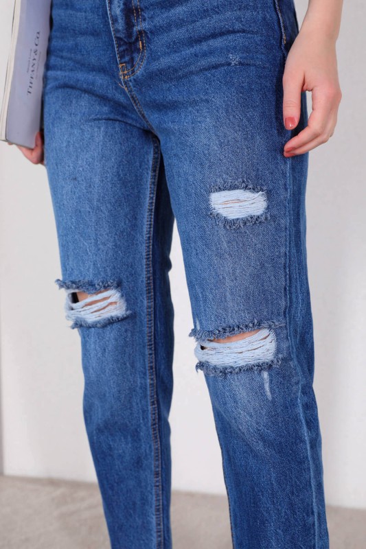 JEAN-08117 Mavi Taşlamalı Yırtık Detaylı Momfit Jean - 7