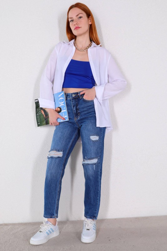JEAN-08117 Mavi Taşlamalı Yırtık Detaylı Momfit Jean - 8