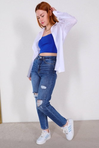 JEAN-08117 Mavi Taşlamalı Yırtık Detaylı Momfit Jean - 4