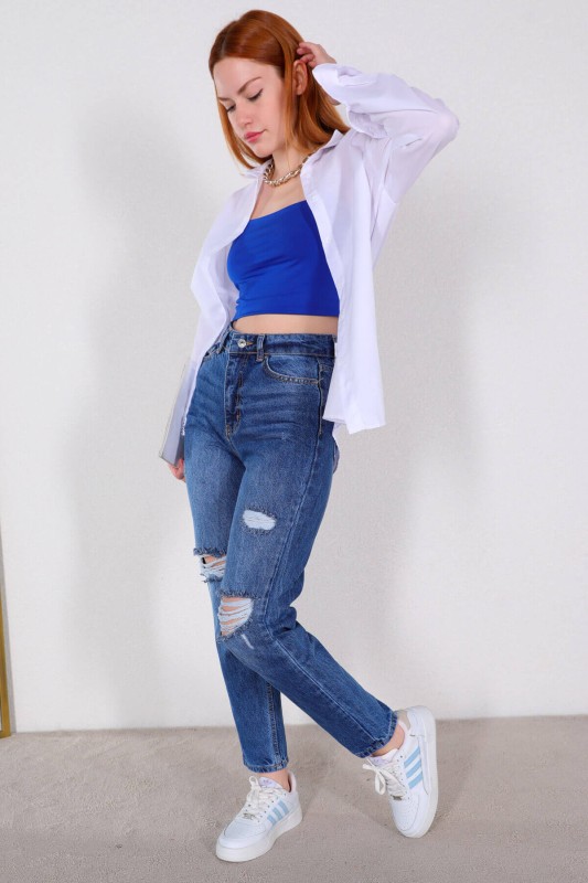 JEAN-08117 Mavi Taşlamalı Yırtık Detaylı Momfit Jean - 4