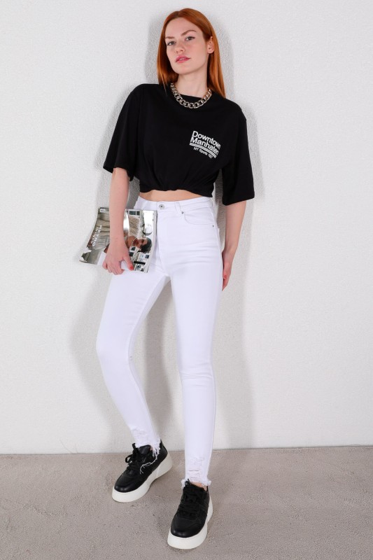 JEAN-08119 Beyaz Yırtık Paça Skinny Jean - 3