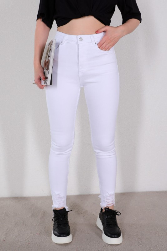 JEAN-08119 Beyaz Yırtık Paça Skinny Jean - 4