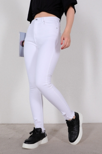 JEAN-08119 Beyaz Yırtık Paça Skinny Jean - 6
