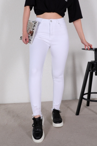 JEAN-08119 Beyaz Yırtık Paça Skinny Jean - 1