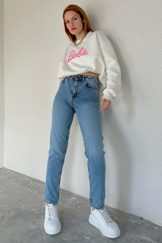 JEAN-08120 Açık Mavi Taşlamalı Süper Kalıp Momfit Jean - 2