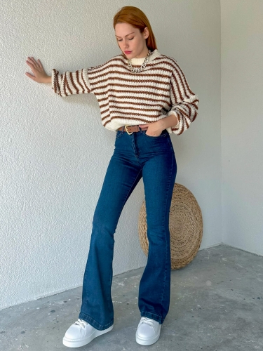 JEAN-08123 Koyu Mavi Yüksek Bel Likralı İspanyol Jean - 4