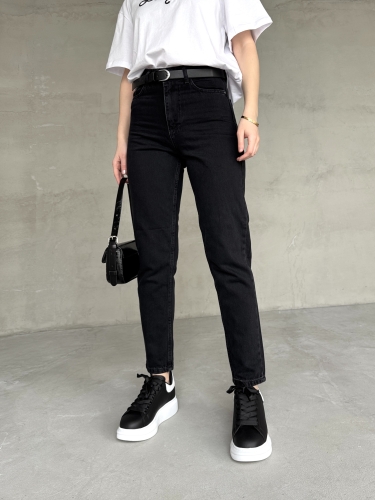 JEAN-08124 Siyah Taşlamalı Süper Kalıp Momfit Jean 