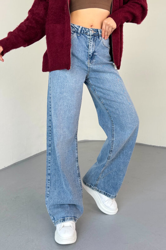 JEAN-08134 Açık Mavi Geniş Paça Taşlı Jean - 3