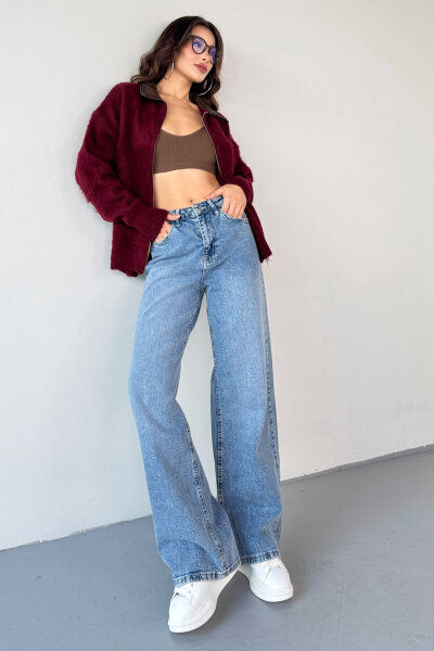 JEAN-08134 Açık Mavi Geniş Paça Taşlı Jean - 2