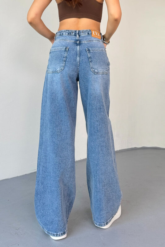 JEAN-08134 Açık Mavi Geniş Paça Taşlı Jean - 4