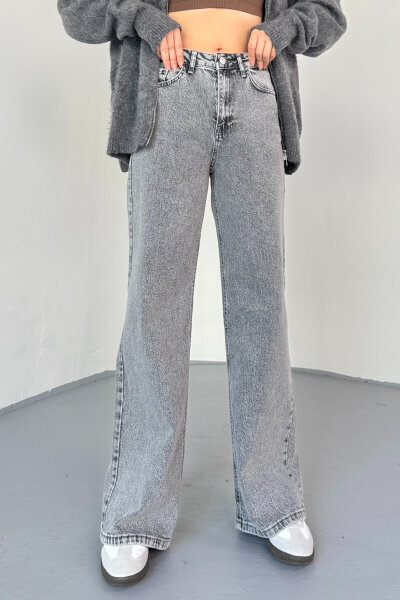 JEAN-08134 Füme Geniş Paça Taşlı Jean 