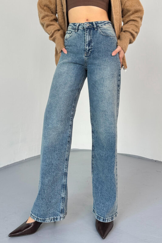 JEAN-08134 Koyu Mavi Geniş Paça Taşlı Jean - 2