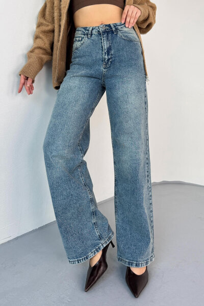 JEAN-08134 Koyu Mavi Geniş Paça Taşlı Jean - 1
