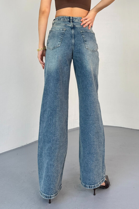 JEAN-08134 Koyu Mavi Geniş Paça Taşlı Jean - 3