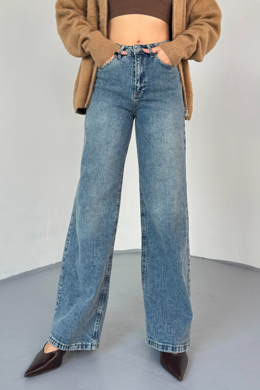 JEAN-08134 Koyu Mavi Geniş Paça Taşlı Jean - 4