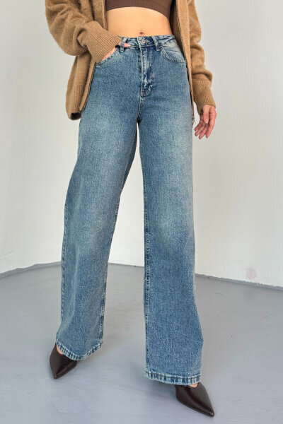 JEAN-08134 Koyu Mavi Geniş Paça Taşlı Jean - 5