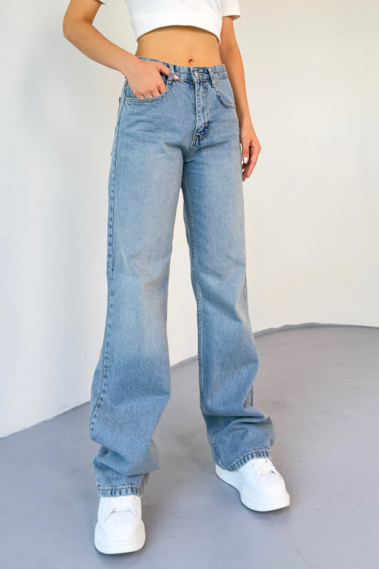 JEAN-488 Açık Mavi Yıkamalı Basic Mom Jean - 3