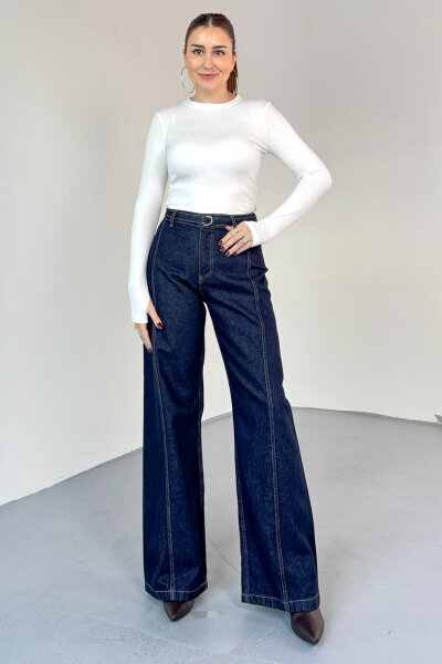 JEAN-774 Koyu Mavi Kemer Detaylı Wide Leg Jean - Cappmoda