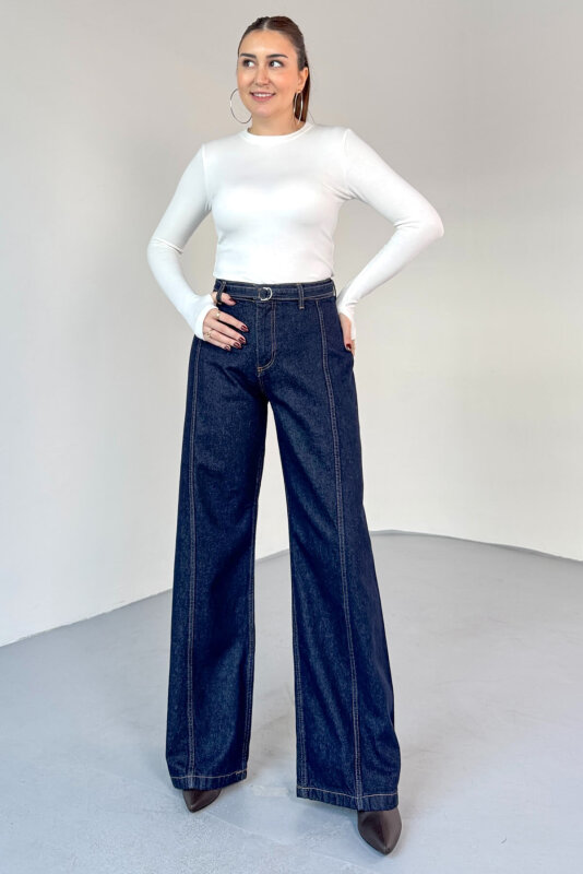 JEAN-774 Koyu Mavi Kemer Detaylı Wide Leg Jean - 4