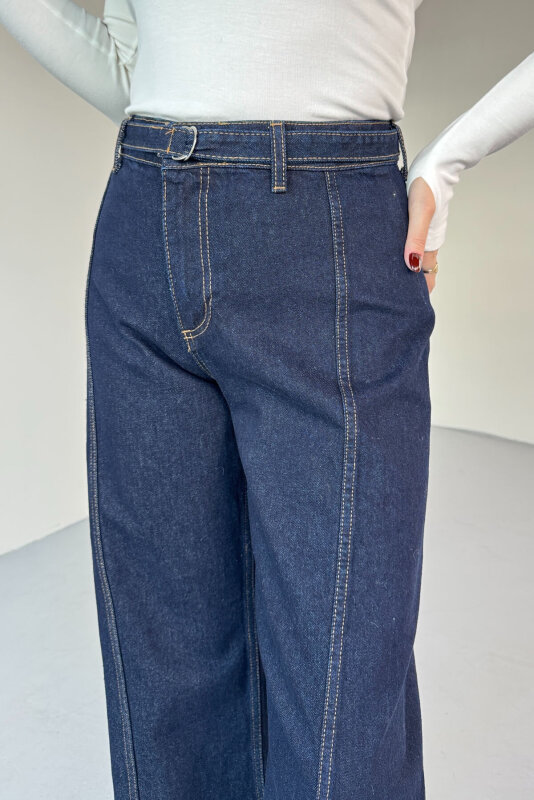 JEAN-774 Koyu Mavi Kemer Detaylı Wide Leg Jean - 3