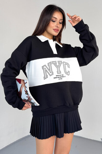 SWT-225 Siyah NYC Baskılı Polo Yaka Kontrast Detaylı Sweatshirt 