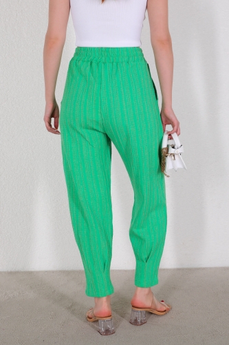 PNT-07326 Yeşil Püskül Detaylı Hasır Viskon Kumaş Şalvar Pantolon - 7