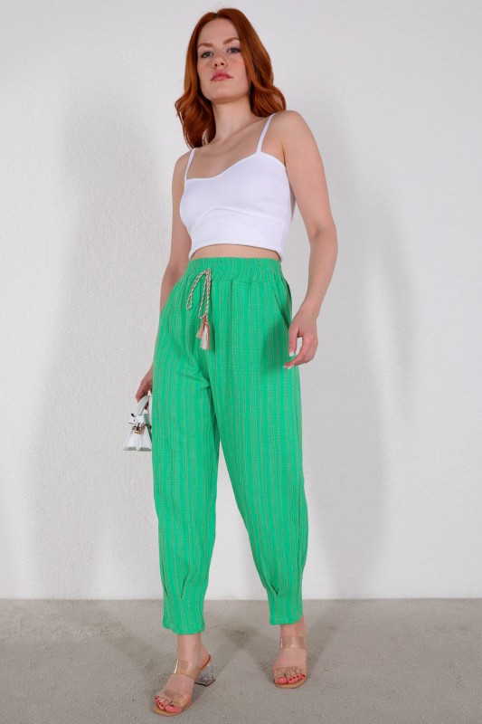 PNT-07326 Yeşil Püskül Detaylı Hasır Viskon Kumaş Şalvar Pantolon - 2