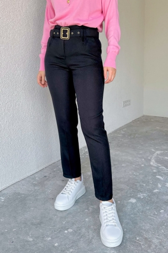 PNT-07355 Siyah Kemerli Yünefek Kumaş Pantolon - 1