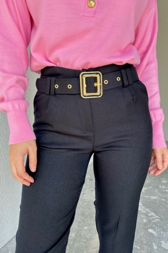 PNT-07355 Siyah Kemerli Yünefek Kumaş Pantolon - 2