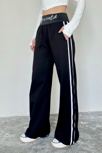 PNT-07363 Siyah Bel Lastik Yazı Detaylı Salaş Şerit Detay Pantolon - 2